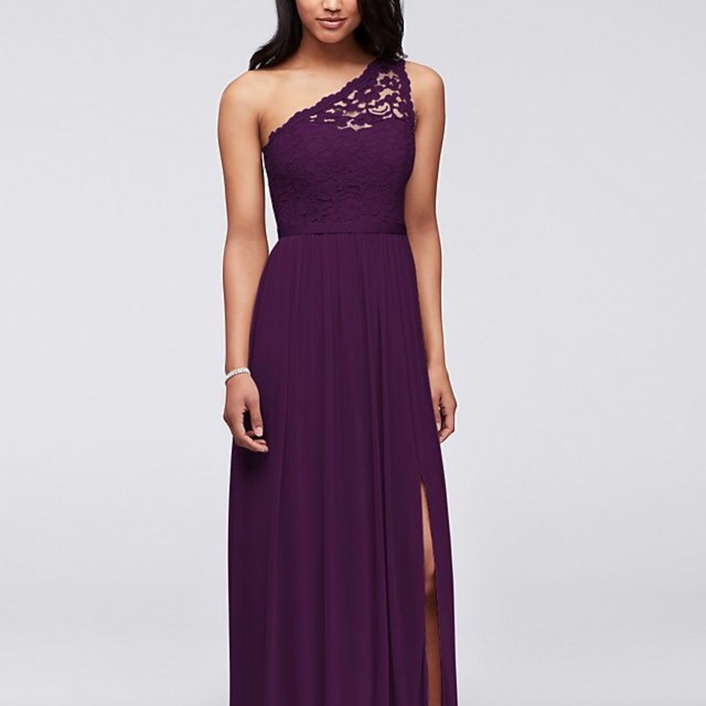 Plum Long One Shoulder Lace Bridesmaid Dress
